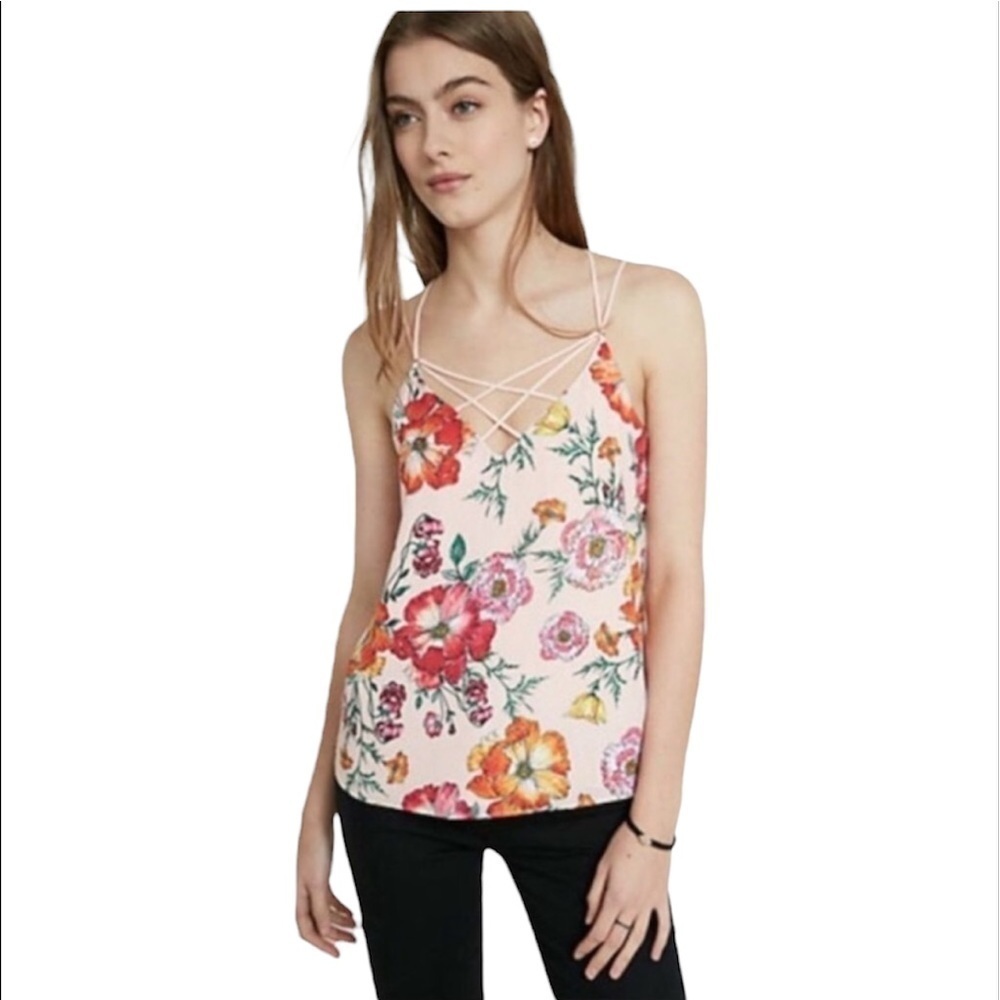 2/$30 Express - Floral Criss Cross Strappy Tank Top | Pink Green | XS